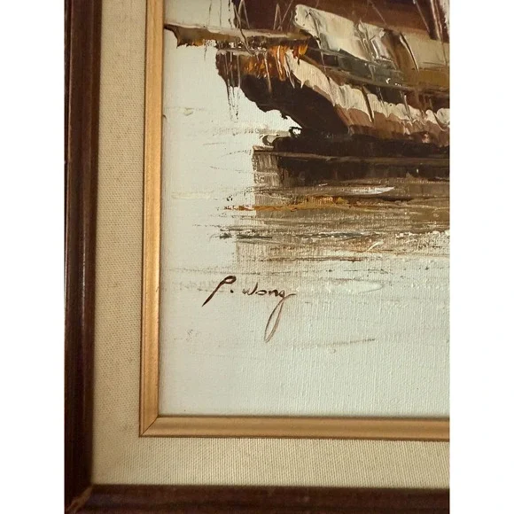 Vintage P. Wong Chinese Junk Boats Oil Painting On Canvas Authentic 17